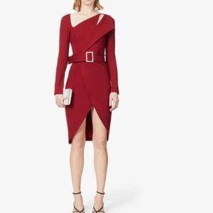 Lavish Alice Embellished Buckle Belted Stretch Red Jersey Wrap Mini Dress New!